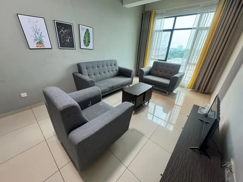 Living features: grey fabric 3-seater sofa, grey fabric 2-seater sofa, 2 grey armchairs, wooden coffee table, wall-mounted TV, floor-to-ceiling windows, sheer curtains, yellow curtain drapes, cream painted walls, glossy tile flooring; style: modern; view: city.