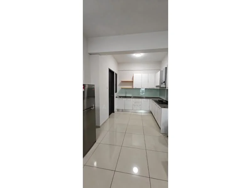 Kitchen features: white cabinetry, grey countertop, stainless-steel fridge, built-in oven, 4-burner gas hob, single-bowl stainless-steel sink, chrome pull-down faucet, ceramic tile flooring, recessed downlights, green backsplash, open shelving, wall-mounted cabinets; style: modern.