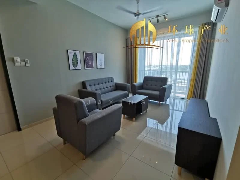 Living features: 3-seater fabric sofa in grey, 2-seater fabric sofa in grey, armchair in grey, coffee table, TV console, floor-to-ceiling windows, curtains in beige, wall-mounted split AC, recessed downlights, tile flooring in cream, decorative wall art, ceiling fan; style: modern; view: city.