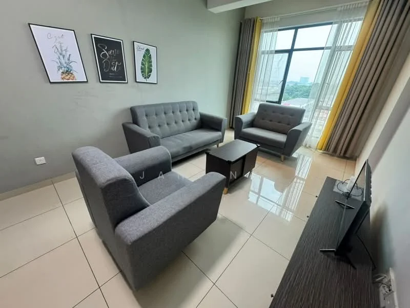 Living features: grey fabric 3-seater sofa, grey fabric armchair, wooden coffee table, wall-mounted TV, floor-to-ceiling windows, sheer curtains, tile flooring, painted walls in light grey, decorative wall art; style: modern; view: city.