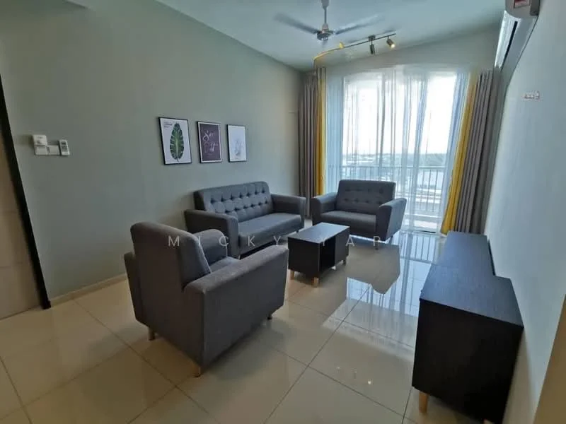 Living features: grey fabric 3-seater sofa, grey fabric 2-seater sofa, black wooden TV console, floor-to-ceiling windows, sheer curtains, yellow curtain accents, recessed downlights, polished ceramic tile flooring, light grey painted walls, wall-mounted artwork; style: modern; view: city.