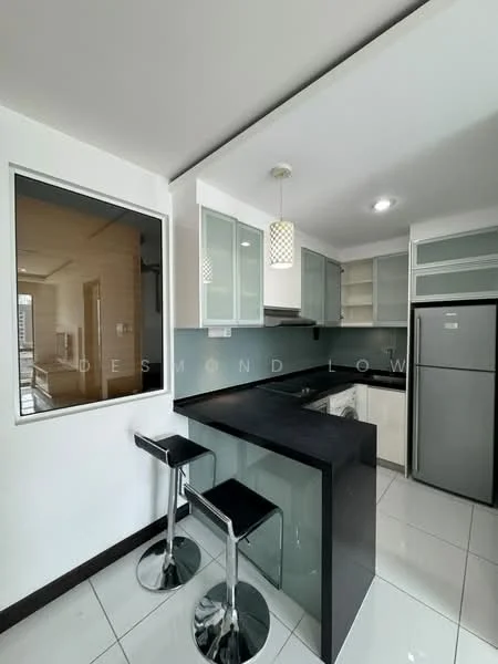 Kitchen features: black granite countertop, white cabinetry with glass-front upper cabinets, stainless-steel fridge, built-in oven, ceramic tile flooring, recessed downlights, pendant light, single-bowl stainless-steel sink, chrome pull-down faucet, bar stools with chrome base, open shelving, grey backsplash; style: modern.