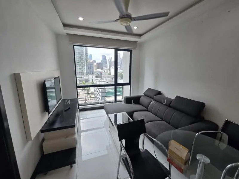Living features: L-shape sectional sofa in dark grey, glass coffee table, wall-mounted TV, TV console with storage, floor-to-ceiling windows, city skyline view, white painted walls, recessed downlights, ceramic tile flooring, ceiling fan; style: modern; view: city.