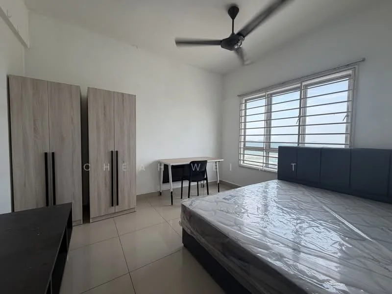 Bedroom features: king-size bed, upholstered headboard, 2 wooden wardrobes with sliding doors, study desk, 4-legged chair, floor-to-ceiling windows, white painted walls, ceiling fan, tile flooring; style: modern; view: city.
