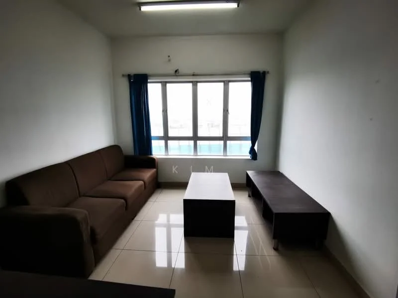 Living features: brown fabric sofa, coffee table, two dark wooden side tables, floor-to-ceiling windows, blue curtains, white painted walls, glossy tile flooring, ceiling light fixture; style: modern; view: city.