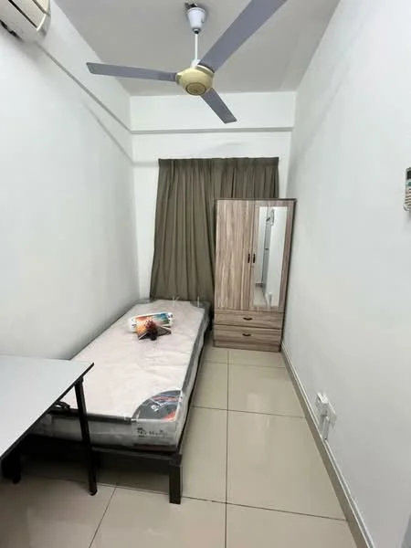 Bedroom features: single bed, mattress on bed frame, wooden wardrobe with mirror, white painted walls, cream tiled flooring, ceiling fan, curtains, air conditioning unit, study table; style: modern.