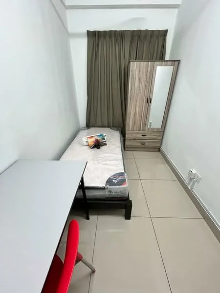 Bedroom features: single bed, mattress, wooden wardrobe with mirror, study desk, red chair, cream curtains, white painted walls, glossy tile flooring; style: minimalist.