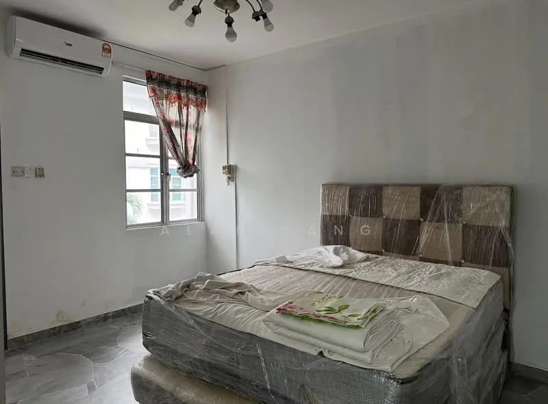 Bedroom features: queen-size bed, upholstered headboard, bedside lamps, curtains with floral pattern, floor-to-ceiling window, wall-mounted split AC, light fixture with multiple bulbs, grey marble tile flooring, white painted walls.