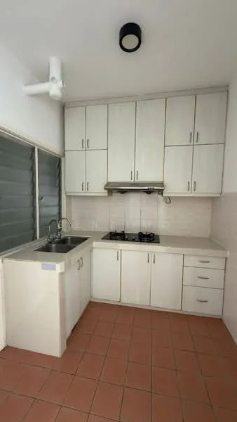 Kitchen features: white cabinetry, stainless-steel sink, chrome pull-down faucet, 2-burner gas hob, built-in range hood, white tiled backsplash, countertop with storage, tile flooring in terracotta, wall-mounted ceiling fan, window with louvered shutters; style: modern.