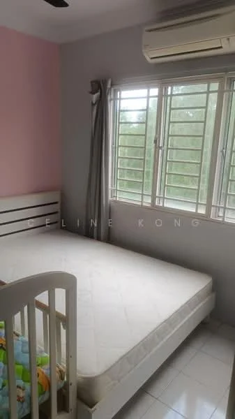 Bedroom features: single bed frame, mattress, white painted walls, pink accent wall, window with grid design, curtains, air conditioning unit, white tiled flooring, ceiling fan; view: garden.