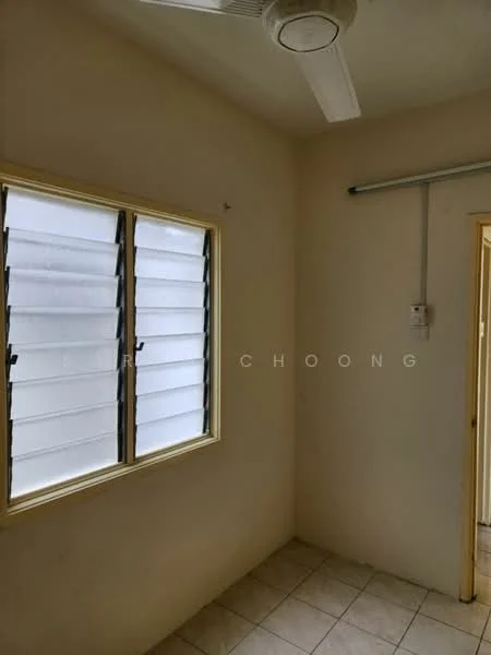 Room features: white painted walls, ceiling fan, sliding windows, tile flooring, light switch, window with horizontal slats, neutral color scheme.