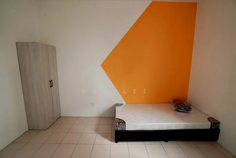 Room features: orange accent wall, white painted walls, tile flooring, single bed frame, mattress on bed frame, wardrobe with sliding door, minimalist decor; style: modern.