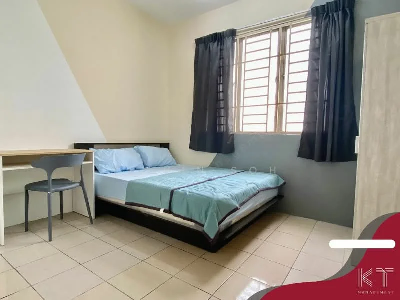 Bedroom features: queen-size bed with light blue bedding, black bed frame, study desk with chair, floor-to-ceiling window with grid pattern, black curtains, cream painted walls, light tile flooring, built-in wardrobe; style: minimalist.