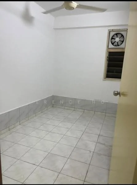 Room features: white painted walls, tile flooring, ceiling fan, window with security bars, window air conditioning unit, light switch, door handle, corner baseboards.