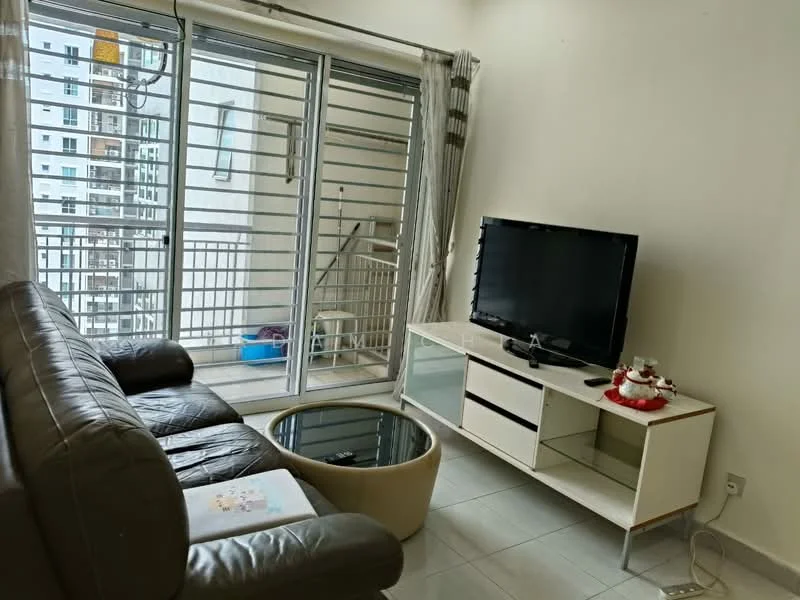 Living features: 3-seater leather sofa in brown, glass coffee table with circular design, TV console with white cabinetry, wall-mounted TV, floor-to-ceiling windows, sheer curtains, grey tiled flooring, decorative items on console; style: modern; view: city.