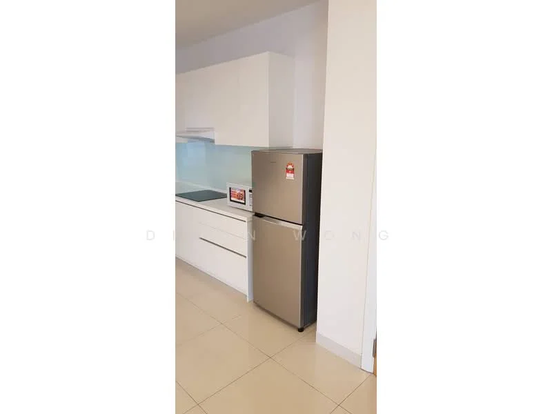 Kitchen features: stainless-steel fridge, built-in oven, white cabinetry, black countertop, ceramic tile flooring, glass backsplash, microwave, under-cabinet lighting; style: modern.