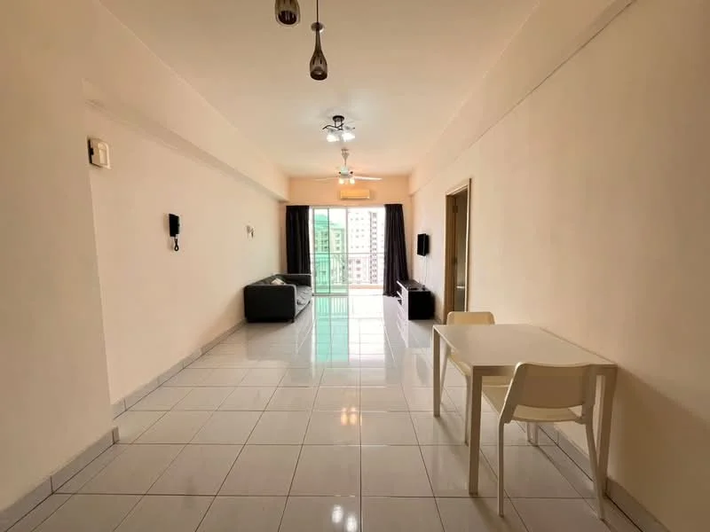 Living features: white painted walls, glossy ceramic tile flooring, 5-blade ceiling fan with light, sofa in dark grey fabric, coffee table, wall-mounted TV, floor-to-ceiling windows, curtains, dining table with 2 chairs, open layout, natural light; style: modern; view: city.