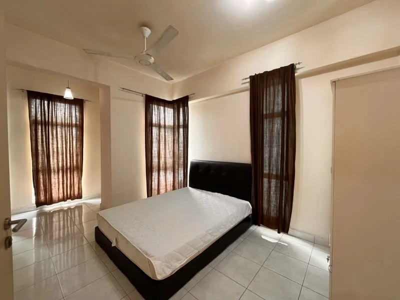 Bedroom features: queen-size bed, white mattress, 2 large windows with sheer brown curtains, ceiling fan, tile flooring, light fixture, neutral painted walls, built-in wardrobe; style: minimalist.