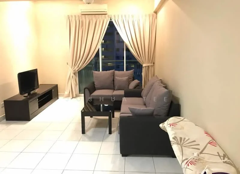 Living features: grey fabric L-shape sectional sofa, black coffee table, black TV console, wall-mounted TV, floor-to-ceiling windows, sheer curtains, white painted walls, white tiled flooring, 1 wall-mounted split AC, decorative throw pillow, area rug with geometric pattern; style: modern; view: city.