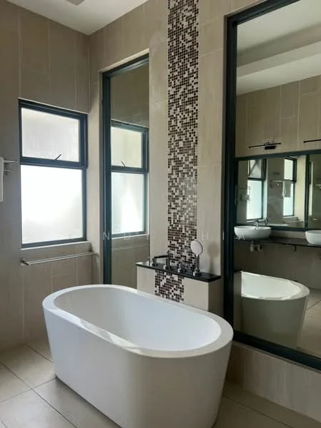 Bathroom features: freestanding bathtub, mosaic tile feature wall, double vanity with black countertop, two mirrors, glass windows, neutral tiled walls, neutral tiled flooring, wall-mounted faucet; style: modern.