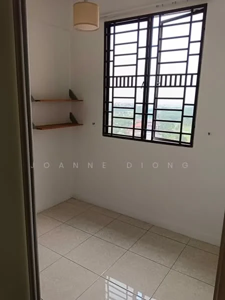 Room features: white painted walls, glossy tile flooring, window with metal grille, shelves on wall, ceiling light fixture; view: city.