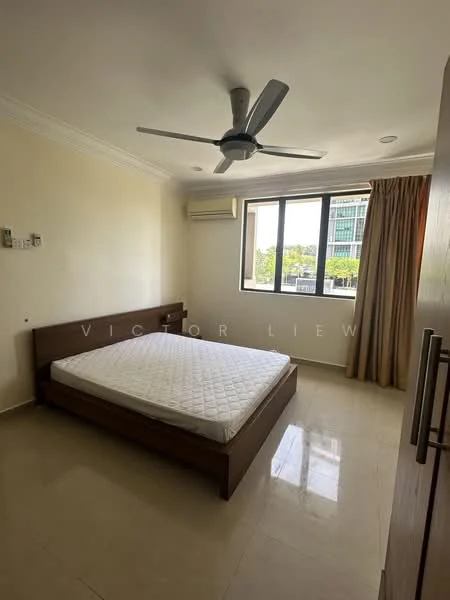 Bedroom features: queen-size bed, wooden bed frame, 5-blade ceiling fan with light, wall-mounted split AC, floor-to-ceiling window, curtains, cream painted walls, marble tile flooring; style: modern; view: city.