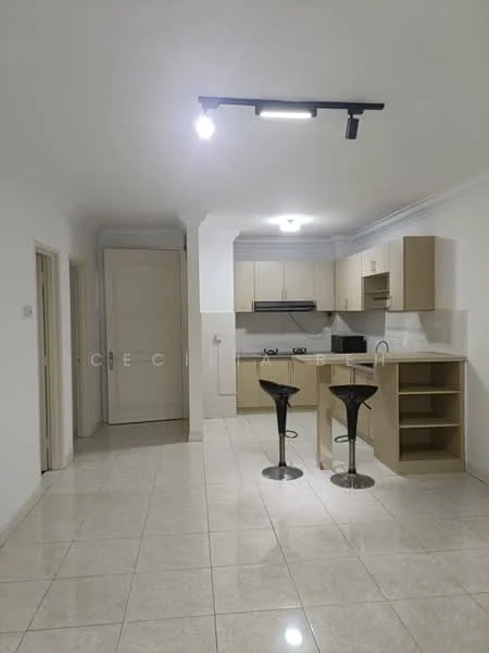 Kitchen features: cream cabinetry, white countertop, stainless-steel sink, chrome pull-down faucet, built-in oven, 4-burner gas hob, exhaust hood, bar counter with two stools, tile flooring, recessed downlights, open shelving, glass splashback; style: modern. Room features: white painted walls, doorway leading to hallway, doorway leading to laundry or utility area.