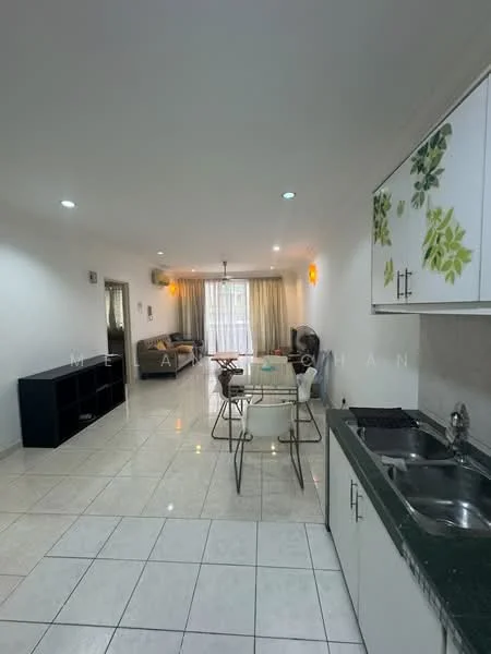 Living features: white painted walls, ceramic tile flooring, recessed downlights, sofa, coffee table, dining table with chairs, open kitchen layout, floor-to-ceiling windows with sheer curtains, decorative wall lights, built-in cabinetry, greenery-themed cabinet doors; style: modern. Kitchen features: stainless-steel sink, chrome pull-down faucet, black granite countertop, white cabinetry, built-in stove, open shelving; style: modern.