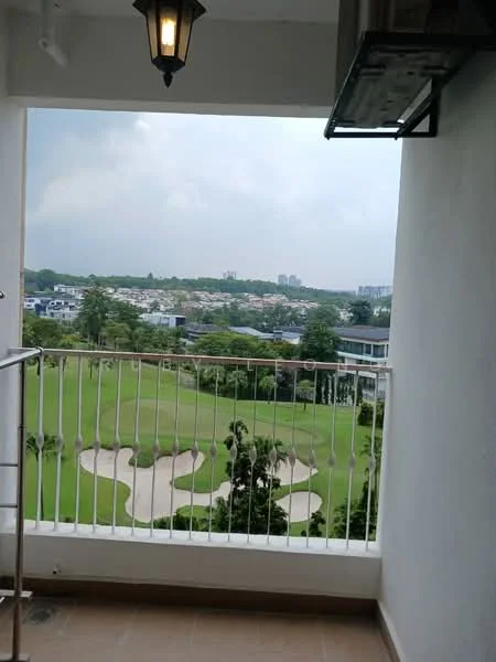 Room features: balcony with railing, tile flooring, view of golf course, green landscaping, city skyline in distance, overcast sky, air conditioning unit mounted above; view: golf course.