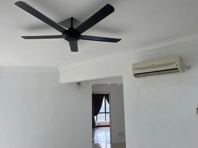 Room features: white painted walls, ceiling fan, wall-mounted split AC, crown moulding, floor-to-ceiling windows, dark curtains.