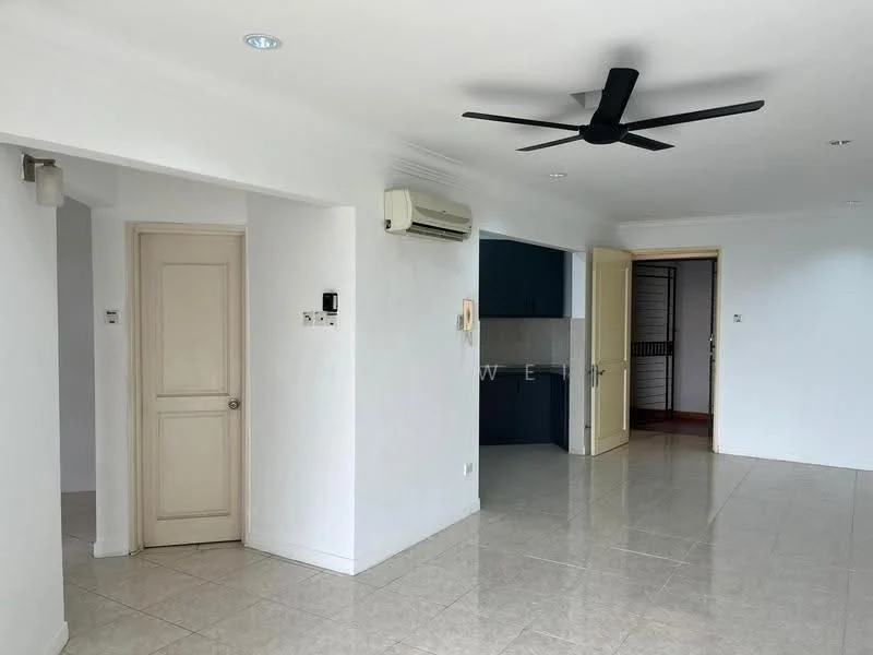 Room features: white painted walls, ceramic tile flooring, 5-blade ceiling fan, wall-mounted split AC, door with panel design, open layout, recessed lighting, light-colored cabinetry in background; style: modern.