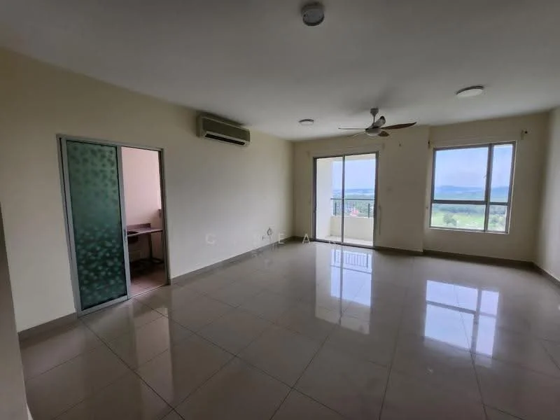 Living features: cream painted walls, glossy tile flooring, 5-blade ceiling fan, wall-mounted split AC, floor-to-ceiling windows, sliding glass door, natural light from windows, view of the landscape; style: modern; view: garden. Room features: glass door, unknown room visible.