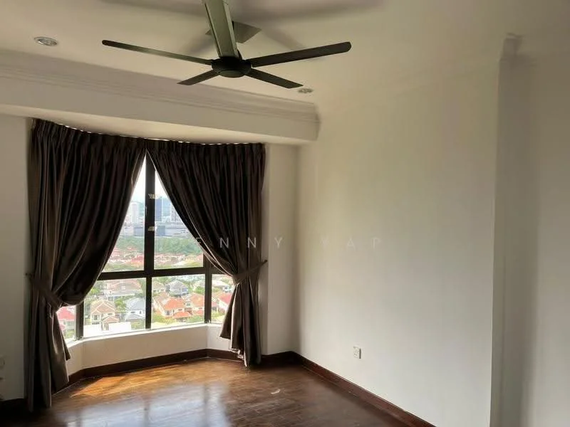Room features: floor-to-ceiling windows, brown curtains, 5-blade ceiling fan, white painted walls, dark wood flooring, crown moulding, city view; style: modern; view: city.
