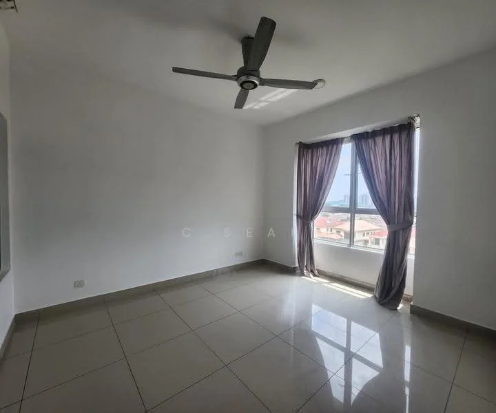 Room features: white painted walls, grey tiled flooring, 5-blade ceiling fan, floor-to-ceiling window, sheer curtains, city view, natural light, no visible furniture; style: modern; view: city.