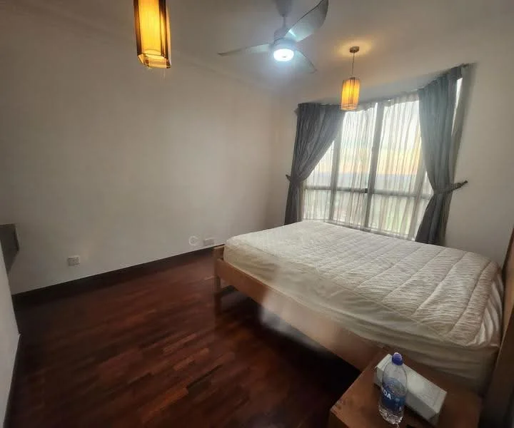 Bedroom features: queen-size bed, wooden bed frame, two pendant lights, 5-blade ceiling fan, floor-to-ceiling windows, sheer curtains, dark wood flooring, wooden bedside table, bottle of water on bedside table; style: modern.