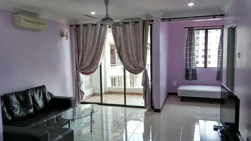 Living features: black leather sofa, glass coffee table, wall-mounted TV, floor-to-ceiling windows, sheer curtains, grey curtains, air conditioning unit, recessed downlights, ceramic tile flooring, light purple painted walls, sliding glass door, balcony access; style: modern; view: city.