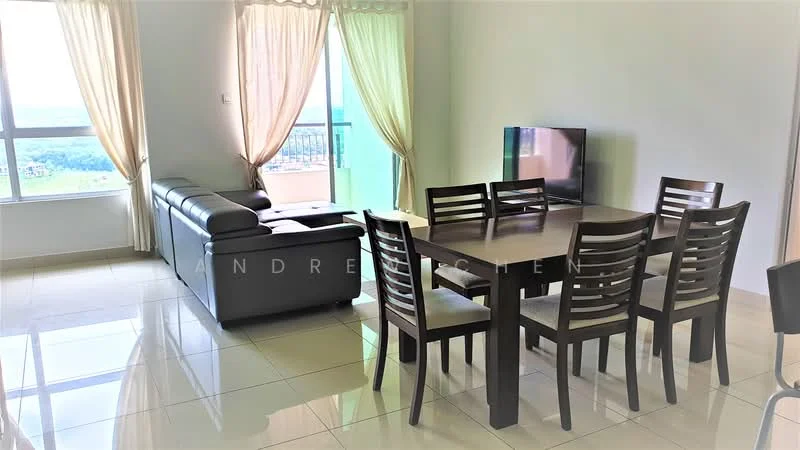 Living features: grey leather sofa, wooden dining table, 6 wooden dining chairs, floor-to-ceiling windows, curtains, wall-mounted TV, glossy tile flooring, neutral painted walls; style: modern; view: city.