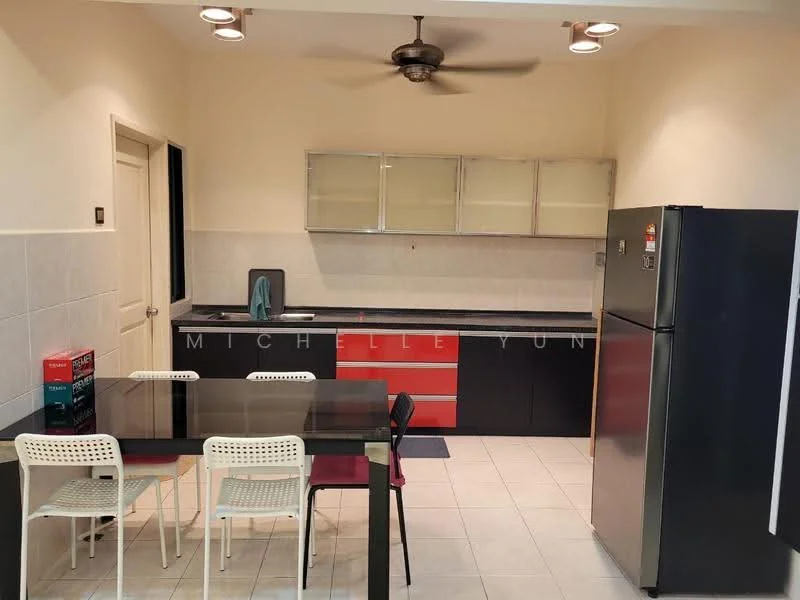 Kitchen features: black cabinetry with red accents, stainless-steel fridge, built-in countertop with sink, ceramic tile flooring, ceiling fan, recessed downlights, glass-front upper cabinets, dining table with white chairs; style: modern.
