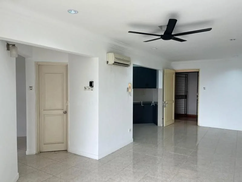 Room features: white painted walls, ceramic tile flooring, 5-blade ceiling fan, wall-mounted split AC, door leading to another room, door leading outside, recessed lighting, neutral color scheme; style: modern.