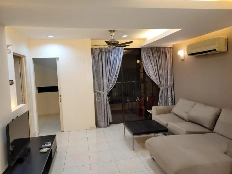 Living features: 3-seater fabric sofa in light grey, coffee table, TV console, wall-mounted TV, floor-to-ceiling windows, sliding glass door, sheer curtains, recessed downlights, ceiling fan, wall-mounted air conditioning unit, white painted walls, tile flooring; style: modern; view: city.