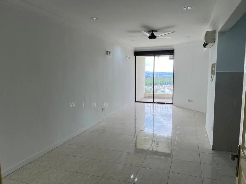 Living features: white painted walls, glossy ceramic tile flooring, 5-blade ceiling fan with light, sliding glass door, floor-to-ceiling windows, mountain view, recessed downlights, air conditioning unit; style: modern; view: mountain.