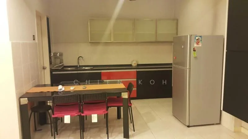 Kitchen features: black cabinetry with red accents, white tiled walls, grey countertop, single-bowl stainless-steel sink, chrome pull-down faucet, built-in wall cabinets, stainless-steel fridge, 4-seater dining table, black dining chairs with pink cushions, ceramic tile flooring, recessed lighting; style: modern.