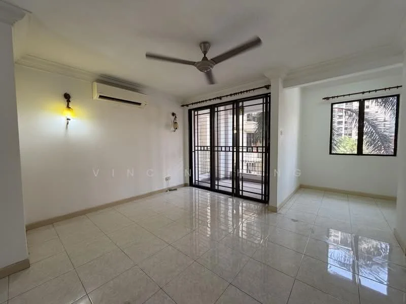 Living features: white painted walls, glossy ceramic tile flooring, 5-blade ceiling fan, wall-mounted split AC, floor-to-ceiling sliding glass door, black metal grille, window with view of palm trees, recessed downlights, wall sconce lighting; style: modern; view: garden.