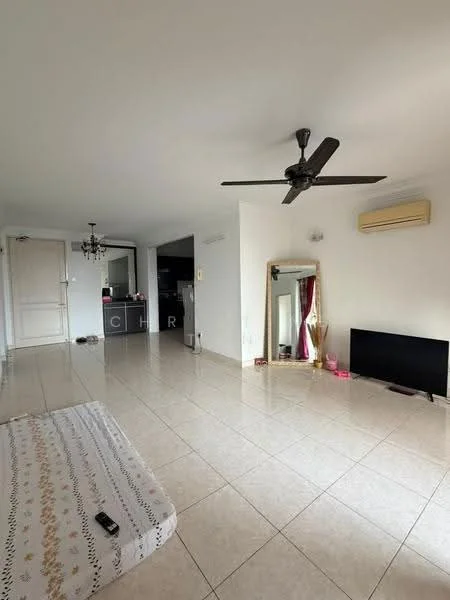 Living features: white painted walls, glossy tile flooring, 5-blade ceiling fan, wall-mounted TV, full-length mirror, sofa mattress on the floor, air conditioning unit, decorative chandelier; style: modern.
