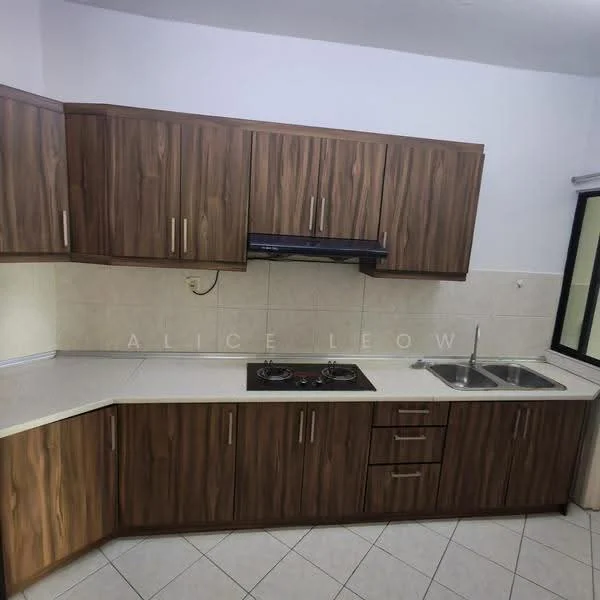 Kitchen features: L-shaped countertop, white laminate countertop, brown wooden cabinetry, stainless-steel double-bowl sink, chrome pull-down faucet, built-in gas hob, exhaust hood, cream tiled backsplash, cream tiled flooring, window with black frame; style: modern.