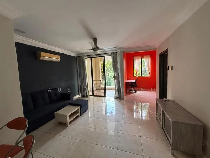 Living features: 3-seater fabric sofa in navy blue, coffee table, TV console, wall-mounted TV, floor-to-ceiling windows, sliding glass door, curtains, 1 wall-mounted split AC, white painted walls, cream tiled flooring, ceiling fan with light, decorative wall in red; style: modern; view: garden.