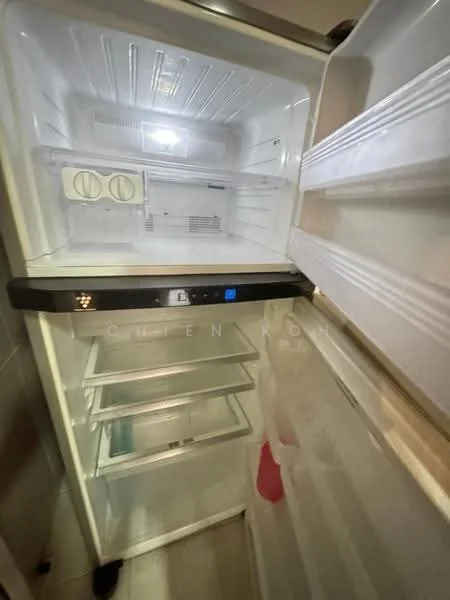 Room features: fridge, transparent shelves, adjustable shelves, interior lighting, temperature control panel, clear storage bins; style: modern.