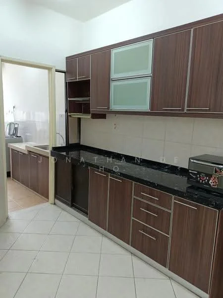 Kitchen features: brown wooden cabinetry, black granite countertop, stainless-steel fridge, built-in oven, ceramic tile flooring, white tiled backsplash, single-bowl stainless-steel sink, chrome pull-down faucet, open shelving, microwave, kitchen island, under-cabinet lighting; style: modern.