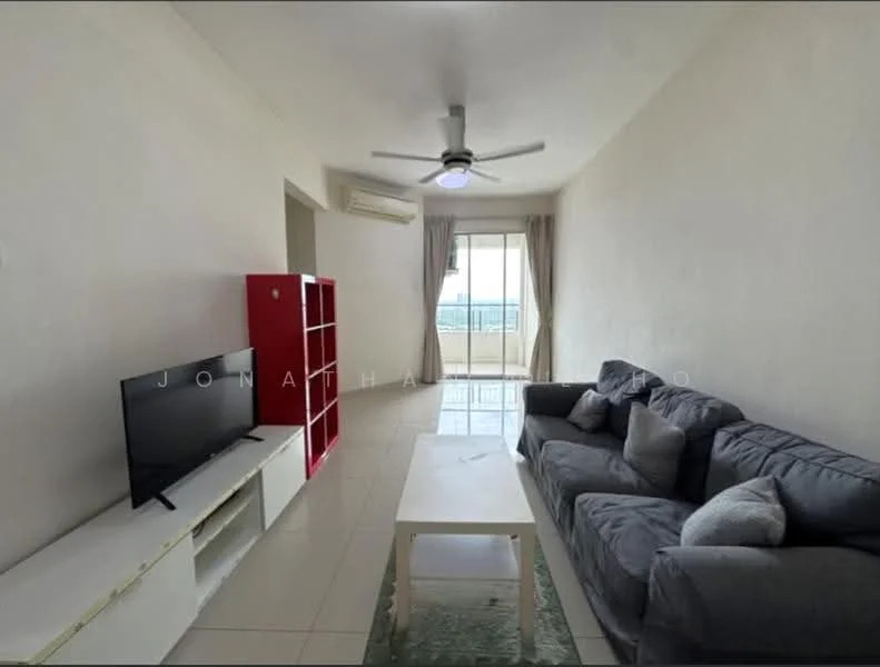 Living features: grey fabric sofa, white coffee table, TV console, wall-mounted TV, 5-blade ceiling fan with light, floor-to-ceiling windows, curtains, white painted walls, glossy tile flooring; style: modern; view: city.