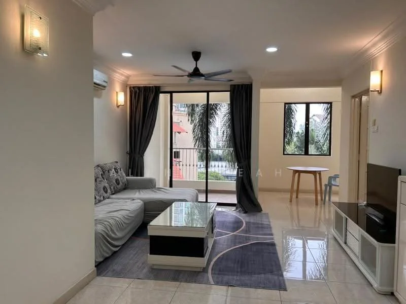 Living features: 3-seater fabric sofa in grey, coffee table with glass top, area rug with geometric pattern, wall-mounted TV, TV console, floor-to-ceiling windows, sliding glass door, curtains, ceiling fan, recessed downlights, decorative wall sconce, cream painted walls, tile flooring; style: modern; view: garden.